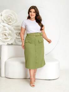 Elegant Tailored Evangelical Midi Skirt With Belt, Pocket And Buttons - 橄欖綠 - 查看 3