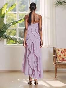 Vestido halter con volantes para mujer, sin mangas, color liso, largo y fluido, vestido de verano de corte A - Morado - Ver 7