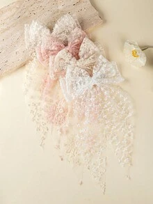 1pc Lace Embroidered Bow Headband, Chiffon Ribbon Hair Clip, Versatile Hair Accessory Suitable For Photoshoot, Travel, Wedding - Multicolor - View 3