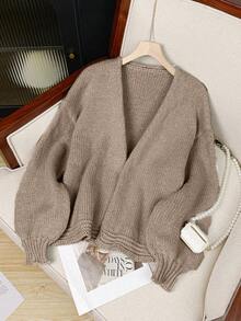 Cárdigan suelto de frente abierto y unicolor elegante para mujer con hombros caídos y mangas farol, chaqueta de suéter casual de punto acanalado de poliéster para uso diario y citas, otoño/invierno
