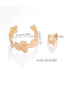 1 Set (1 Gold Bangle & 1 Thick Ring) Vintage Chic Gold Floral Bangle And Thick Floral Ring Combo Set, Long-Lasting Color, Suitable For Women's Daily Wear, Holidays, Social Events, Parties