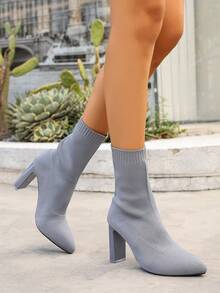 Women's Grey Chunky Heel Ankle Boots - Elastic Knit Pointed Toe High Heels, Suitable For Daily Wear, Performances, Holidays, Halloween Costumes