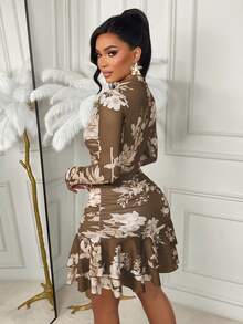Amarilo Sexy & Elegant Floral Print Hollow-Out Mini Dress For Women - Hoa mơ trên nền nâu - Xem 3