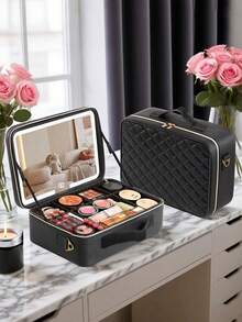 Premium Sewing Makeup Bag With LED Mirror, 31*24*12cm Large Capacity Portable Shoulder Cosmetic Box, Suitcase Insert Design, Multi-Functional Storage Case For Cosmetics, Phones & Sundries, Suitable For Travel, Home & Presents - Large - View 12