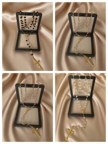 1pc Vintage Bohemian Alloy Crystal Colorful Beaded Cross Pendant Necklace, Sweater Chain