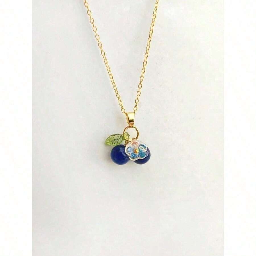 1pc2025 New Elegant Blueberry Pendant Necklace With Glass Fruit Charm And Acrylic Leaf, Suitable As Birthday Gift For Women & Girls - 藍色 - 查看 1