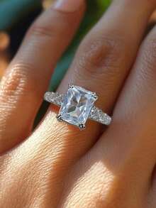 1 pezzo Anello di lusso e alla moda da donna in rame e argento con zirconia cubica incastonata geometricamente, adatto per uso quotidiano, proposta di matrimonio, fidanzamento, matrimonio, anniversario, regalo per la fidanzata