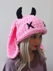 ‌Mystical Devil Horns Knitted Beanie With Soft Plush Ears,Ultra-Warm Winter Hat For Men & Women, Gothic & Punk Fashion Accessory, Halloween & Cosplay Costume