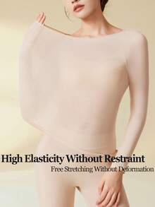 两件装女士无缝长袖上衣，超薄纯色保暖内衣，温暖舒适的长袖圆领无缝打底衫，修身高弹米色薄纱上衣，休闲纯色轻薄保暖秋冬季 - 米色 - 查看 5