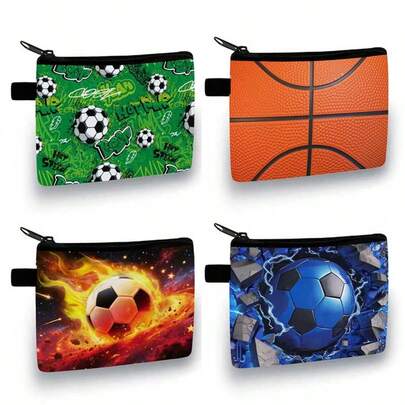 酷炫足球主题零钱包，色彩缤纷，节日足球印花，休闲风格，涤纶材质