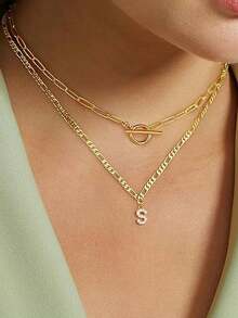 2 Pieces/Set Of Double Layer Wear Fashion Exquisite 3:1 Stainless Steel Necklace, A-Z Copper Inlaid Zirconia English Letter Pendant Women's Multi-Layer Necklace Jewelry, Ramadan, Valentine's Day Gifts