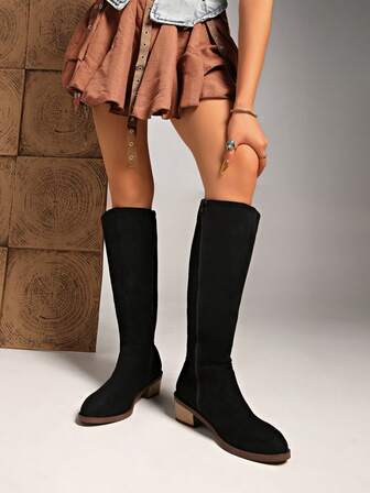 Botas de media pantorrilla para mujer con cremallera lateral, tacón apilado, puntera redonda y hebilla, estilo occidental