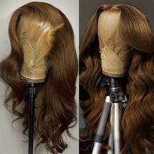 13x4 200密度棕色水波纹蕾丝前假发，高清透明30英寸13x4蕾丝前假发，真人发混纺假发，卷曲波浪造型，全发际线预拔蕾丝假发带婴儿发，外观自然，4号自然发际线，无需胶水 - 棕色 - 查看 7