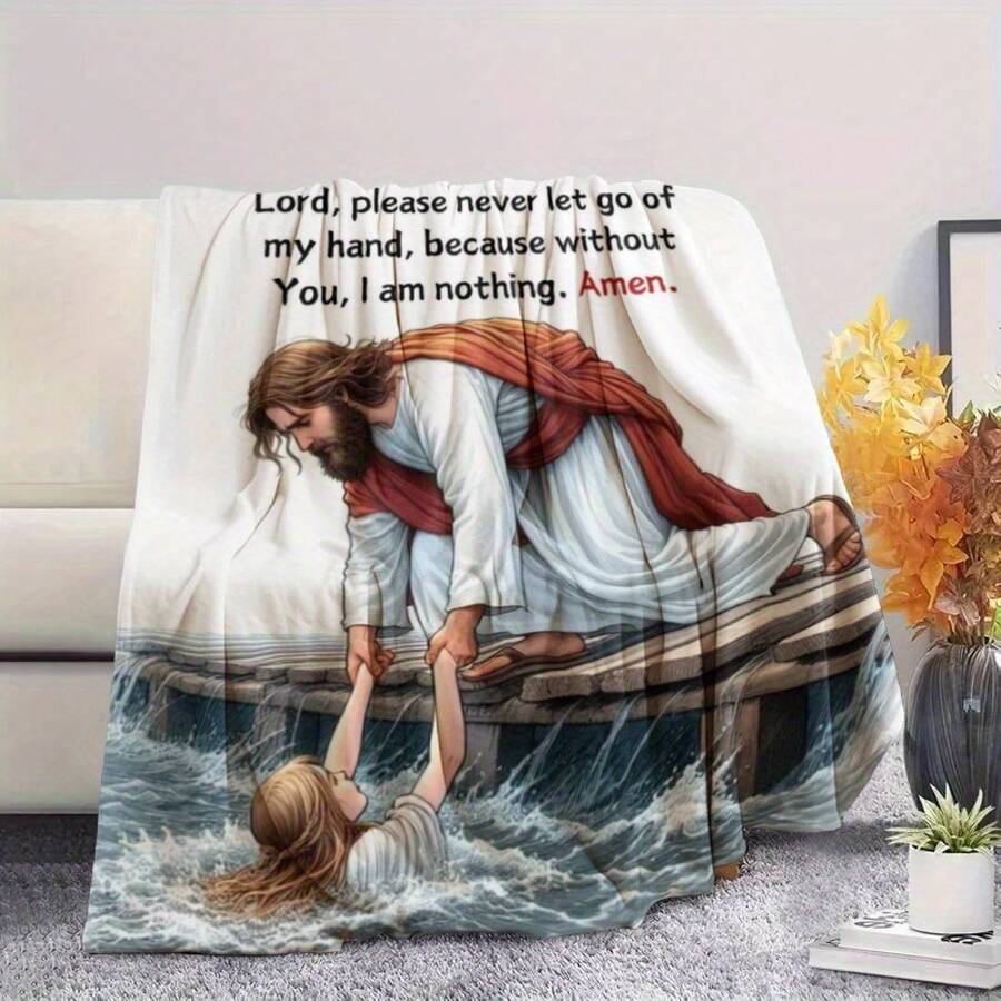 1 Piece Jesus Psalm Blanket, God Redeemer Design Digital Fleece Shawl - Small Nap Blanket - Soft And Warm, Suitable All Seasons, Comfortable Lightweight Thickened Flannel Blanket, Sofa, Bed, Camping, And Travel, Holiday DGRH - Multicolor - View 1