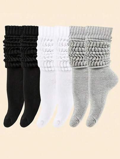 3 Pairs Women's Solid Color Crew Socks, Suitable For Daily Wear