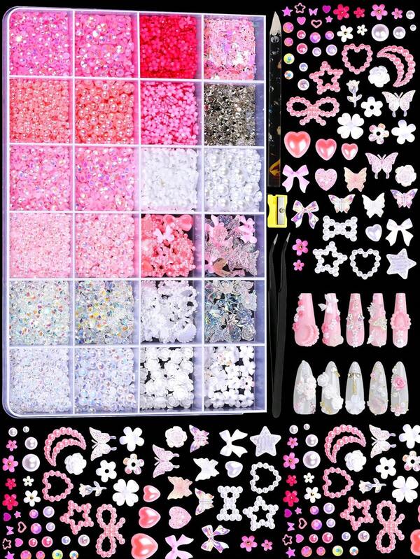 24 Grid Nail Charms, Nail Art Kit With Multi Shapes Nail Charms And Gems, Flatback AB Nail Rhinestones, Colorful 3D Hawaii Flowers Nail Jewels Clear White Pink Gold Pearls Flatback Resin Jelly Rhinestones And Gems For DIY Nail Design Crafts Make Up