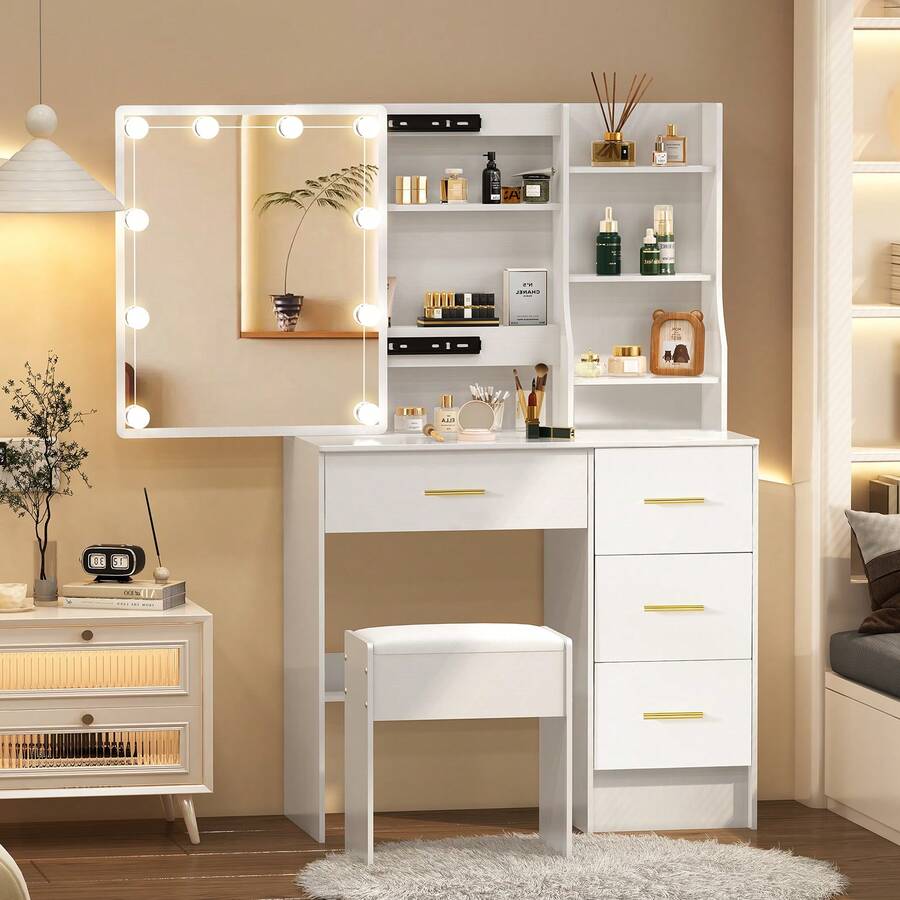 Makeup Dressing Table With Mirror,Vanity Desk,4 Drawers 6 Open Storage Shelves,Makeup Table,3 Color Modes Adjustable Brightness,10 LED Lights Mirror,For Women Gift,Bedroom Furniture(White)