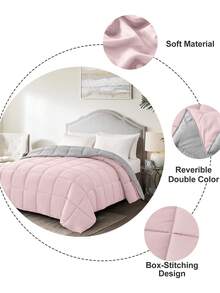 1件浅粉色带灰色缝线双面可用被子，格子缝线，保暖柔软蓬松，适合冬季使用，羽绒替代填充物，可机洗，通过Oeko-Tex认证 - 淺粉色 - 查看 6