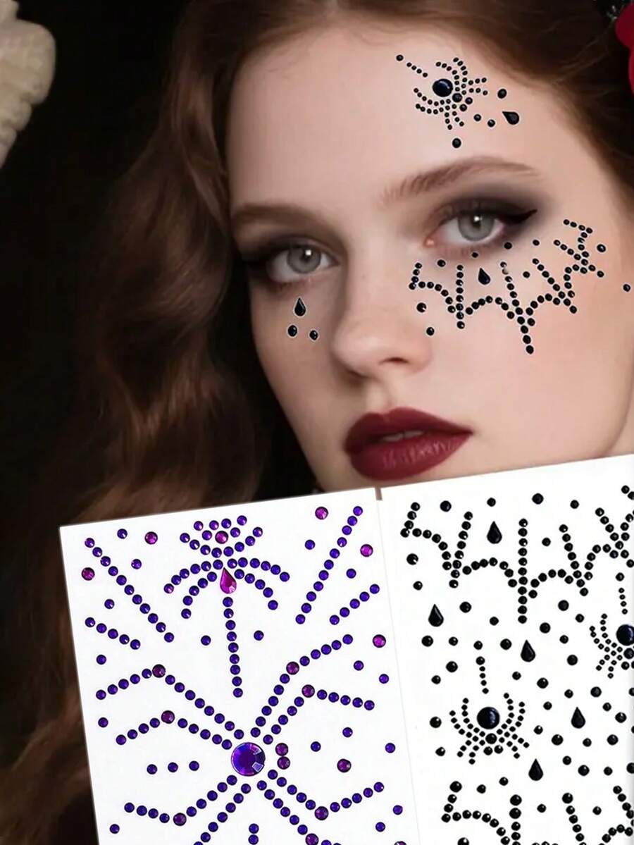 1 Peça Decoração de Rosto de Halloween Adesivo de Teia de Aranha Gótica para Festa, Maquiagem e Cosplay, Gemas de Rosto com Glitter Preto e Roxo