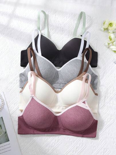 Sutiã canelado com contraste de cor simples para meninas adolescentes, 4 peças, roupa íntima confortável para estudantes, adequada para crianças de 13 a 16 anos