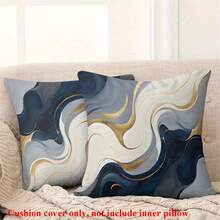 2 件抽象波浪枕套 - 蓝色、灰色、金沙图案，涤纶面料，拉链开合，可机洗，适用于沙发、床、办公室、汽车和家居装饰、派对装饰、现代装饰拉链枕套（无枕芯）