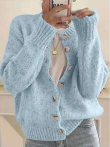 女士优雅时尚圆领长袖开衫毛衣，纯色涤纶面料，纽扣开衫毛衣，适合秋冬季日常穿着，柔软舒适 - 新年必备 - 淺藍色 - 查看 3