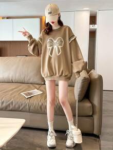 ちょう結びなど、女性の春と夏のスリムフィット、ゆったりとした快適なカジュアル長袖パーカー - ライトブラウン - チェックする 1