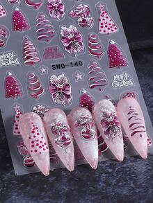 2PCS Pink Christmas Tree 5D Embossed Nail Stickers Bow Lights Crystal Ball Festival Bright Pattern Nail Art Decals Self-Adhesive Manicure Sliders Nail Accessories For Christmas New Year Holiday Gift