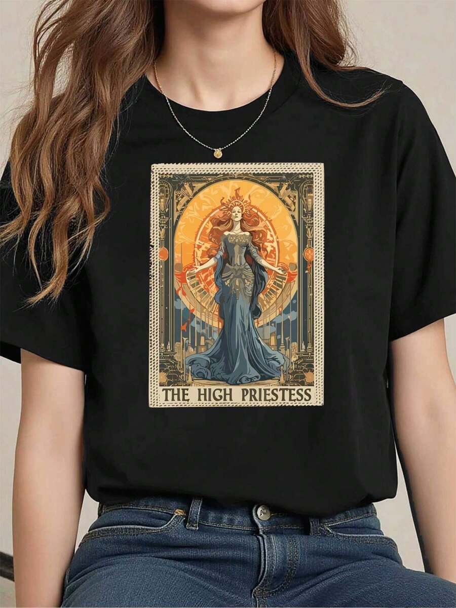 High Priestess Graphic T-Shirt, 220g Cotton Casual Summer T-Shirt with Round Neck and Short Sleeves (1 Piece)