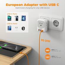 Adaptador de Viaje Universal para Europa: Con 3 Puertos USB (1 Tipo C) y 4 Salidas de CA, Ideal para Viajar de América/México a Italia y España - Blanco y Gris - Ver 10