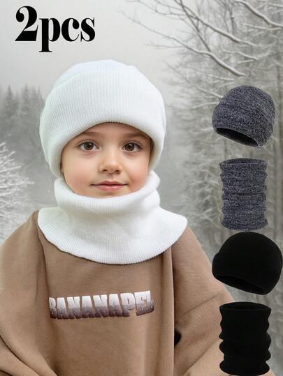 2pcs/Set Kids Knitted Hat + Scarf Two Pieces Set, Warm Autumn/Winter Outfit, Unisex Children Knit Cap And Scarf Set, Solid Color Cold-Proof Kids Suit