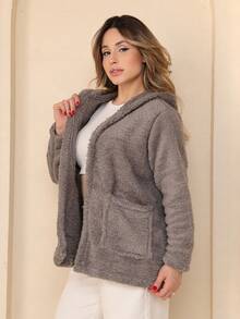 Plush Coat Teddy Blouse With Hood And Pocket - Grey - View 1