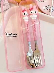 Sanrio 2pcs Stainless Steel Sanrio Hello Kitty & Kuromi Cutlery Set - Portable Cartoon Fork & Spoon Combo, Perfect For Kitchen, Dining, Camping, Picnics, And Christmas Gifts