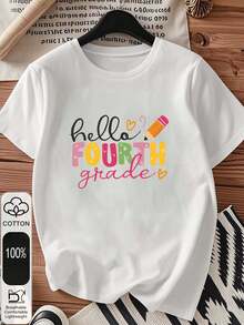 1pc blusas para mujer blusas elegantes dama playera de mujer blusas mexicanas de septiembre Hello Fourth Grade 180g camiseta algodón blanco y negro patrón de impresión Regreso a clases camiseta algodón alta calidad cuello redondo ajuste básico holgado hombres y mujeres transpirable versátil lavable a máquina cómoda talla S ~ 3XL diario casual deportes imprescindible verano - Blanco - Ver 1