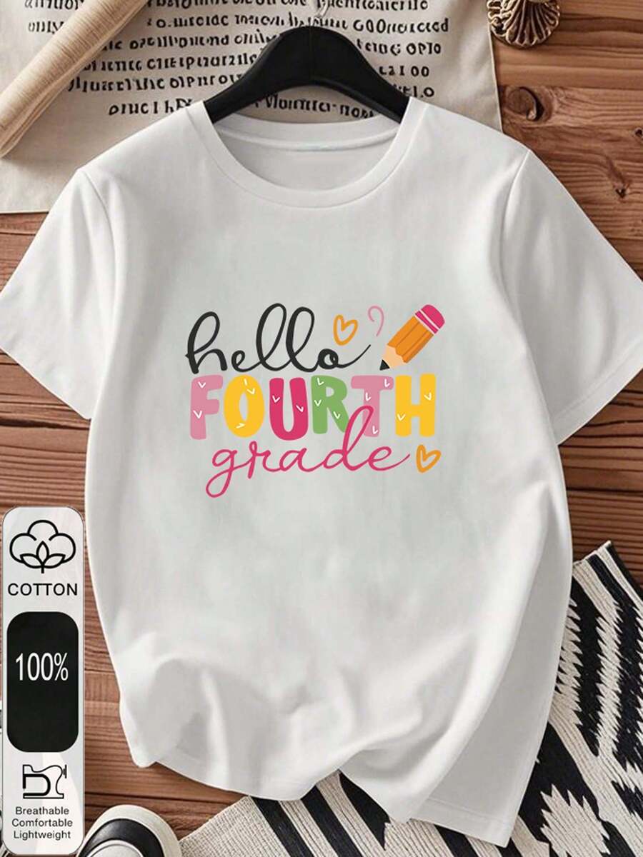1pc blusas para mujer blusas elegantes dama playera de mujer blusas mexicanas de septiembre Hello Fourth Grade 180g camiseta algodón blanco y negro patrón de impresión Regreso a clases camiseta algodón alta calidad cuello redondo ajuste básico holgado hombres y mujeres transpirable versátil lavable a máquina cómoda talla S ~ 3XL diario casual deportes imprescindible verano - Blanco - Ver 1