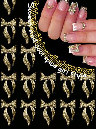 Conjunto de 10 peças de enfeites de unhas com laço dourado estilo anos 2000, gemas brilhantes 3D para unhas, charme sensual, acessórios de decoração de unhas DIY feitos à mão, conjunto de joias para unhas para presente.