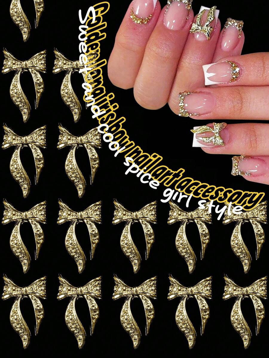 10 chiếc phụ kiện trang trí móng tay hình nơ đuôi dài màu vàng kiểu Y2K quyến rũ, đá quý 3D lấp lánh, phong cách Nhật Bản đơn giản, đa năng, thời trang và gợi cảm, phụ kiện trang trí ốp điện thoại bằng móng tay tự làm, hộp quà tặng phụ kiện trang sức móng tay. - Vàng - Xem 1