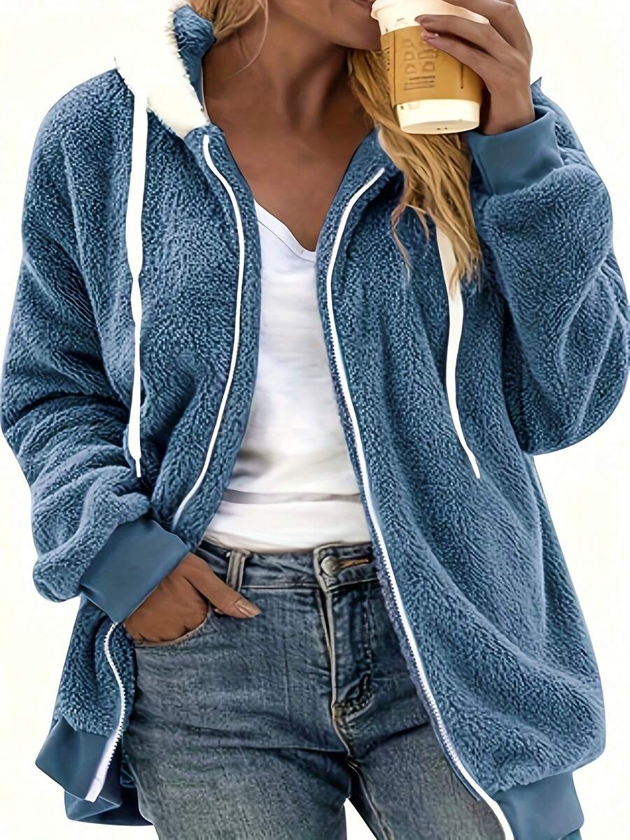 Women's Casual Long Sleeve Hooded Teddy Coat With Pockets And Zipper Warm Polyester Regular Fit Outerwear - Màu xanh lam - Xem 1