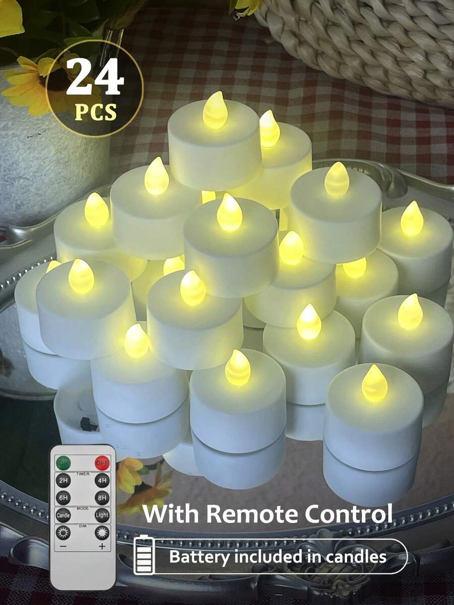 12/24-Pack Electronic Flameless Candles, Battery Powered, With Timer/Remote Control, LED Wishing Candle Light, Tea Candle Light, LED Flameless Candle Light, Suitable For Valentine's Day, Weddings, Parties, Home Décor And Other Holiday Occasions. - 暖光 - 查看 1