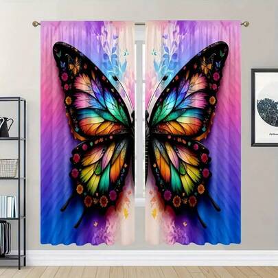 2 piezas Cortinas semitransparentes con diseño de mariposa de colores, diseño moderno para todas las estaciones, 100% poliéster, filtro de luz, ojal para barra, fácil de colgar, adecuado para cocina, lavandería, dormitorio, estudio, sala de estar