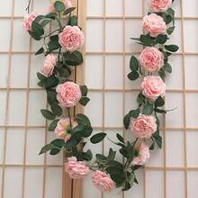 1pc Artificial Pink Silk Peony Floral Vine, Evergreen Ivy Garland For Wedding Party Wall Hanging, Home Garden Decor
