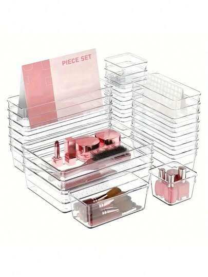 25/44pcs/ Clear Plastic Desk And Bathroom Drawer Organizer - Divider Container For Dresser And Clothes Storage Desk Storage Organization