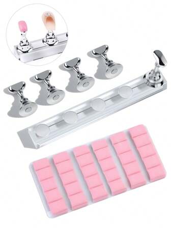 Silver Chessboard Nail Art Plate, Rubber Clay Set. Acrylic Magnetic Base, Rubber Clay Nail Plate Fixation Clay, Practice Stand, False Nail Tips Display Board