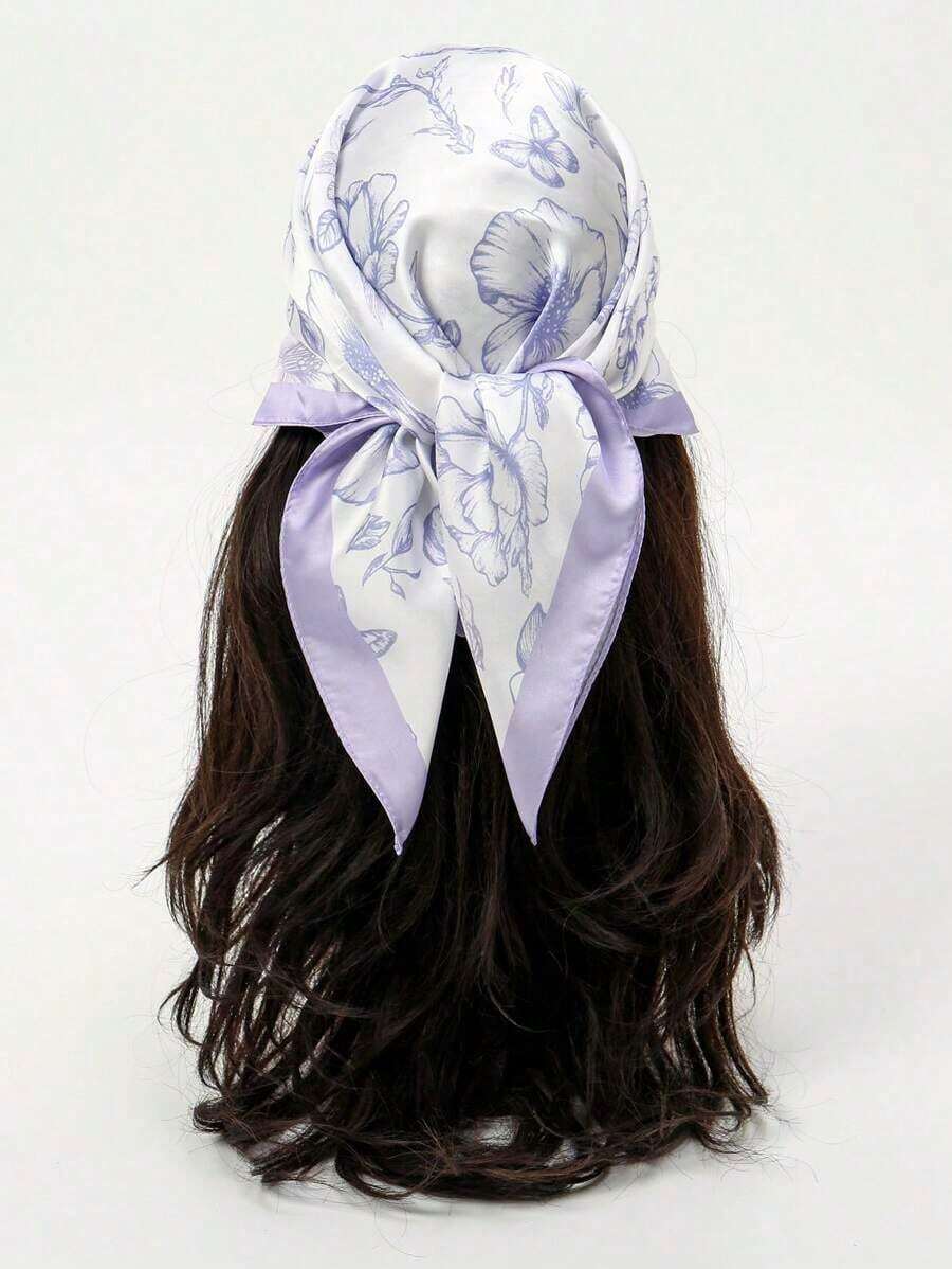 1 Pc Simple Print 70 Square Scarf, Women Bandana Style Waist Tie Accessory Or Wrap, Fashionable Scarf Women, Spring Dress - 淡紫色 - 查看 1