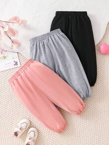 3pcs/Set Baby Girls' Autumn/Spring Pants, Pink + Grey + Black Heart Print Ankle-Length Leggings, Fashion, Soft, Warm & Comfortable Toddler Girl Casual Clothing - Multicolor - View 2