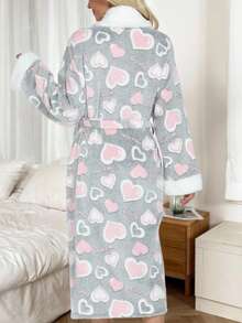 Latest Women's Long Thermal Nightdress, Soft And Warm Long Printed Fluffy Bathrobe, Autumn/Winter Thickened Bathrobe, Women's Casual Knitted Knee-Length Robe With Tie Waist, Standard Cuffs For Comfortable Sleepwear, Pocketed Shower Robe For Home Wear.