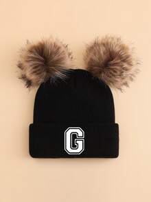 1 pieza Gorro de punto personalizado con letra A-Z para niños, gorro de punto suave y cómodo con doble pompón, adecuado para otoño/invierno, vuelta al colegio, cálido y a prueba de viento para niños y niñas