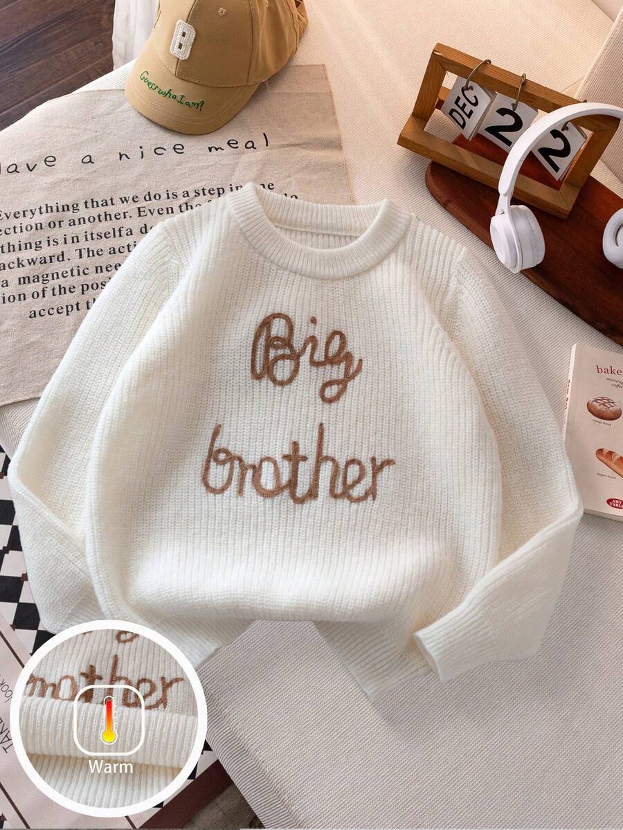 Boys' Simple English Letter Embroidery Knit Pullover Sweater, Suitable For Casual Everyday Wear, Spring/Autumn/Winter - Apricot - View 1