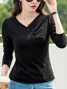 V-Neck Pleated Long Sleeve T-Shirt For Women, 2025 Autumn New Arrivals, Slim Fit, Versatile, Undershirt