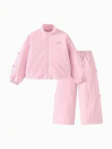 mini bala Girls Cute Bow Two Pieces Set Loose Top And Pants Soft Comfortable Stylish - Pink - View 4